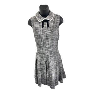 Black white‎ tweed look pearl trim peter pan collar pleated skirt dress size L
